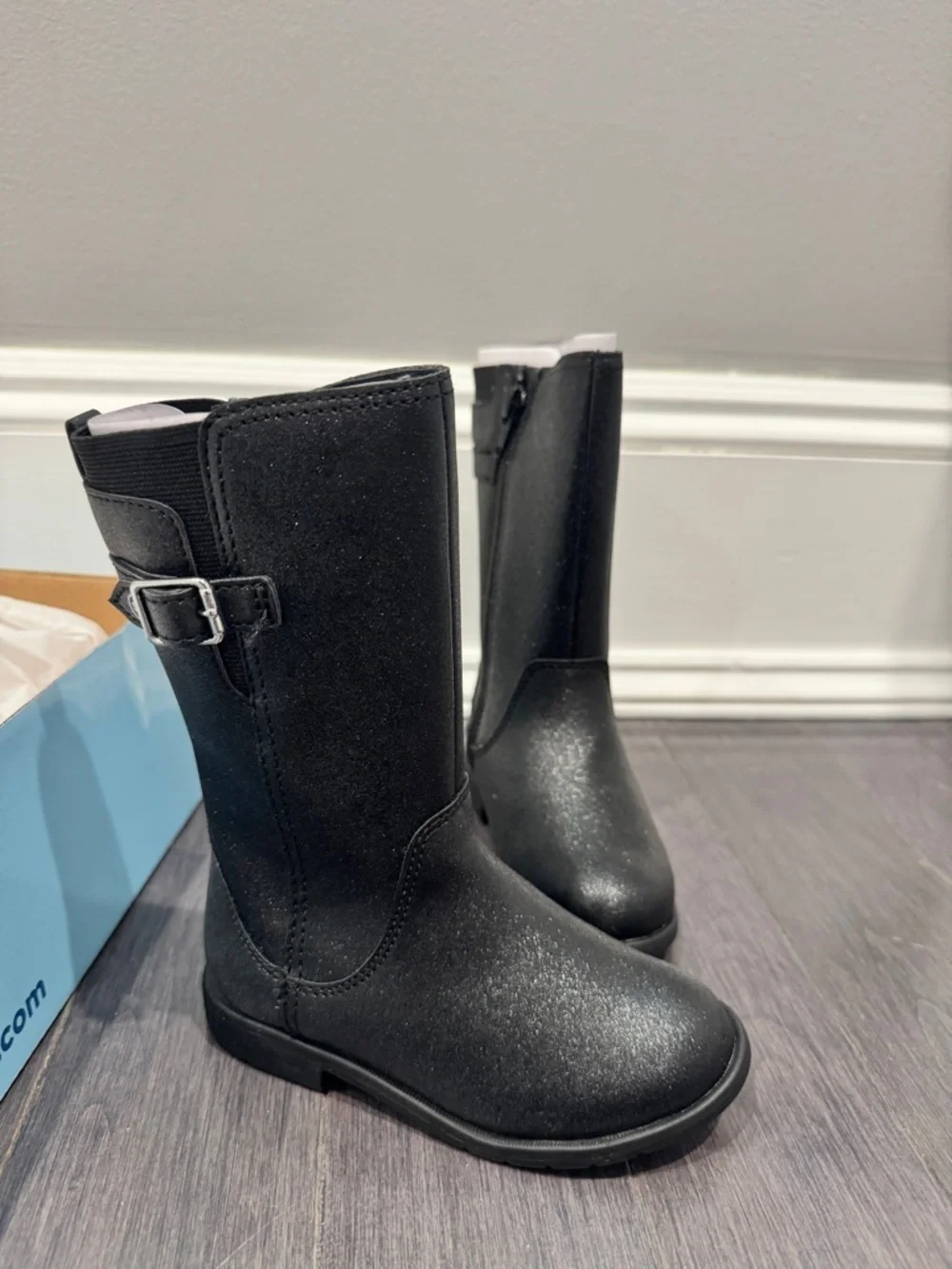 NWT Stride Rite Toddler 7W Girls' Black Sparkle Mid-Calf Buckle Boots Shoes